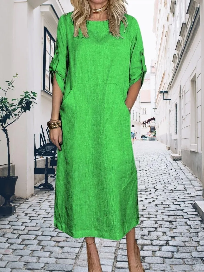 Womens Linen Midi Dresses Casual Short Sleeve Crew Neck Cotton Summer Dress Beach Sundresses with Pocket S-3XL