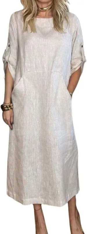 Womens Linen Midi Dresses Casual Short Sleeve Crew Neck Cotton Summer Dress Beach Sundresses with Pocket S-3XL