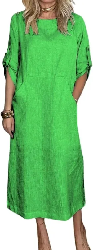 Womens Linen Midi Dresses Casual Short Sleeve Crew Neck Cotton Summer Dress Beach Sundresses with Pocket S-3XL