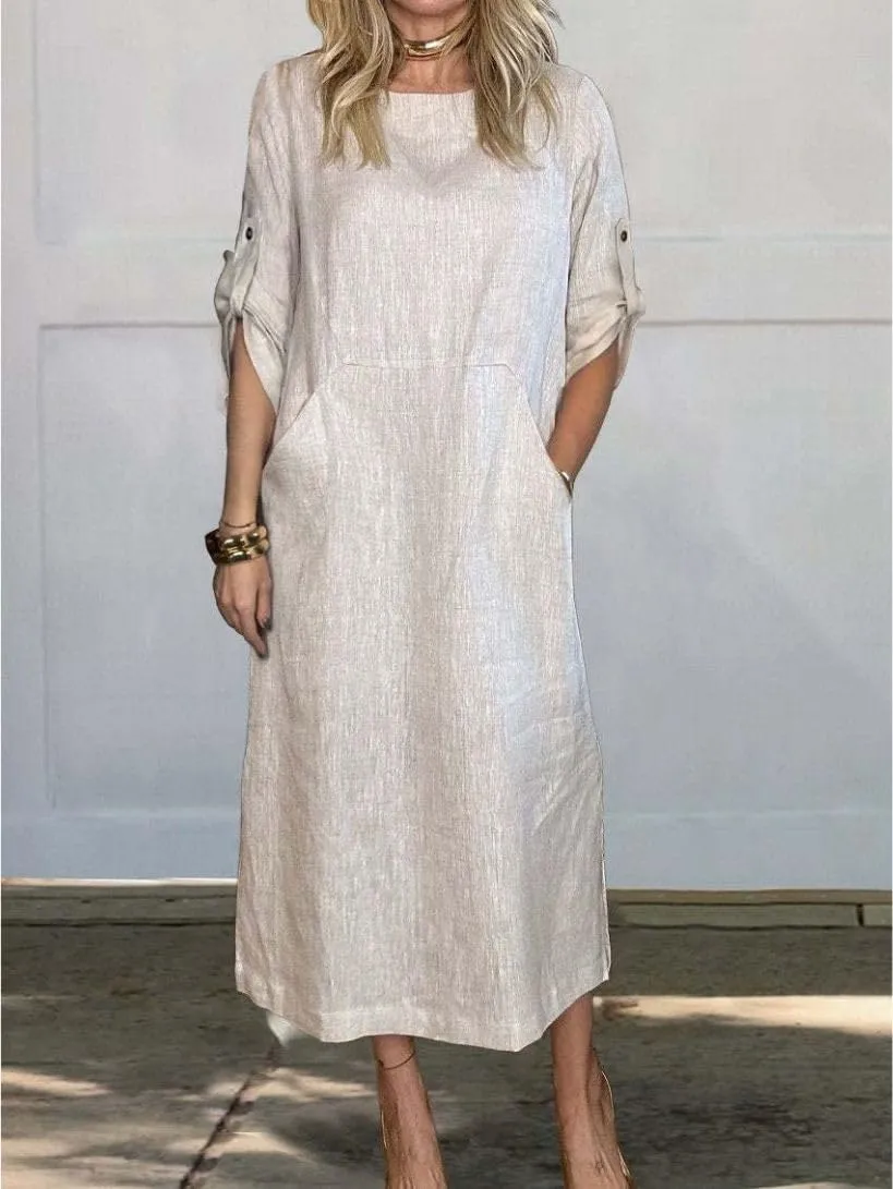 Womens Linen Midi Dresses Casual Short Sleeve Crew Neck Cotton Summer Dress Beach Sundresses with Pocket S-3XL