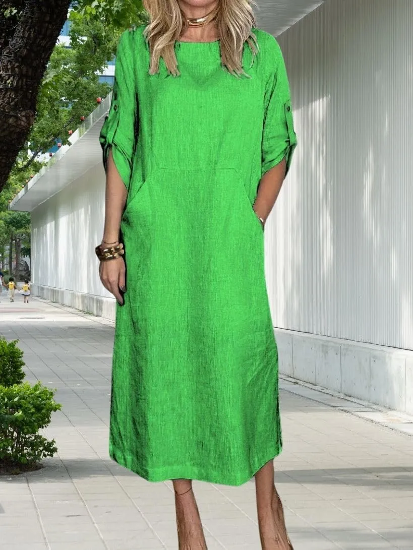 Womens Linen Midi Dresses Casual Short Sleeve Crew Neck Cotton Summer Dress Beach Sundresses with Pocket S-3XL