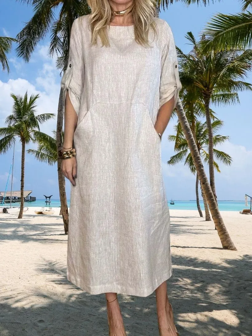 Womens Linen Midi Dresses Casual Short Sleeve Crew Neck Cotton Summer Dress Beach Sundresses with Pocket S-3XL