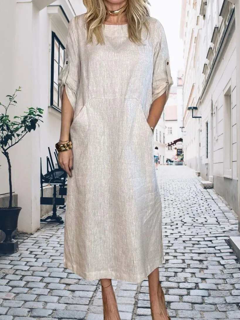 Womens Linen Midi Dresses Casual Short Sleeve Crew Neck Cotton Summer Dress Beach Sundresses with Pocket S-3XL