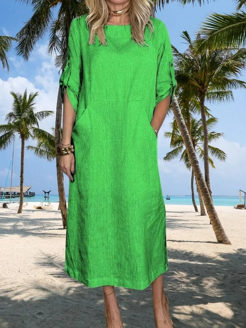 Womens Linen Midi Dresses Casual Short Sleeve Crew Neck Cotton Summer Dress Beach Sundresses with Pocket S-3XL