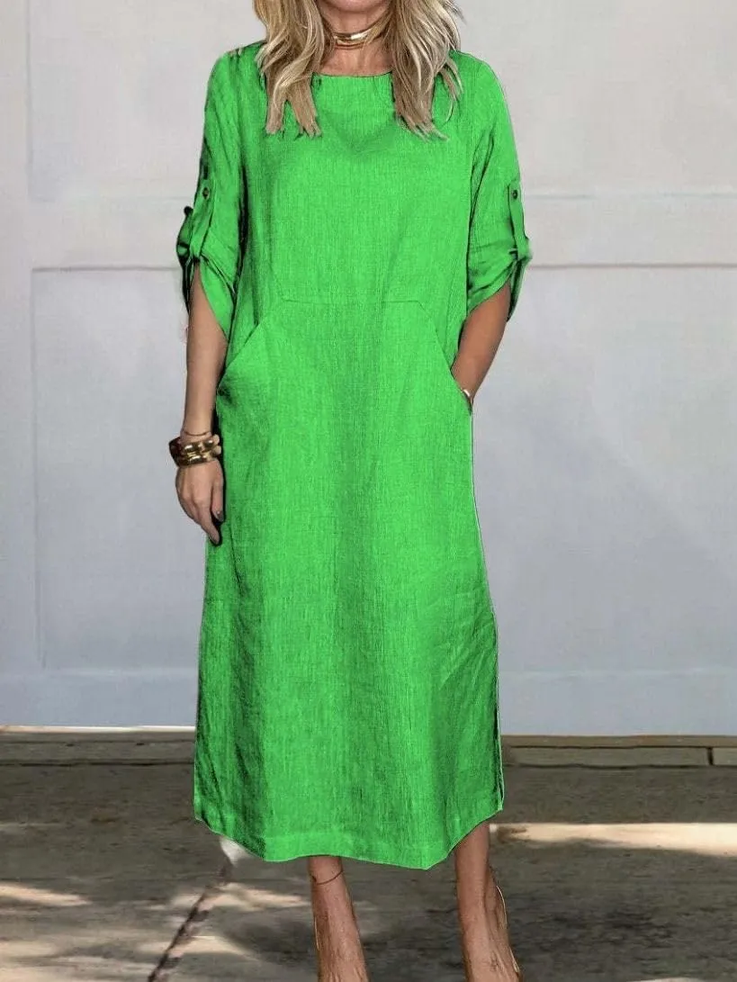 Womens Linen Midi Dresses Casual Short Sleeve Crew Neck Cotton Summer Dress Beach Sundresses with Pocket S-3XL