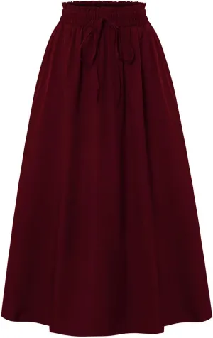 Women's Linen Skirts Knee Length Midi Skirt Summer Drawstring High Waisted Boho Skirt Smocked Aline with Pockets