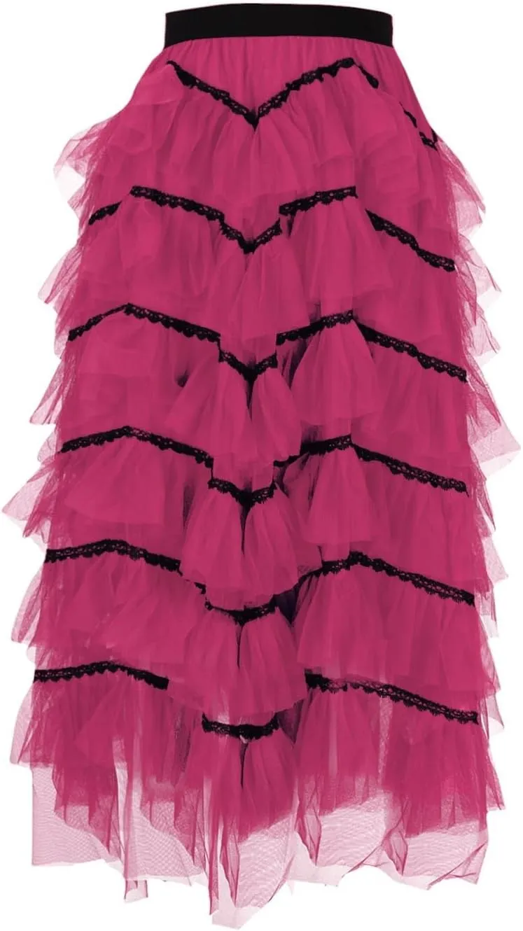 Womens Lolita Cake Skirts Layered Tulle Midi Skirt Elastic Waist Solid Color Mesh Prom Party Skirt