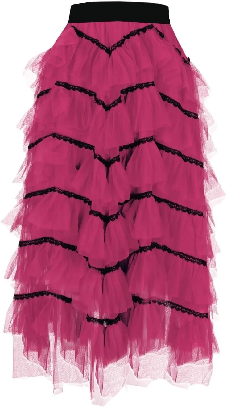 Womens Lolita Cake Skirts Layered Tulle Midi Skirt Elastic Waist Solid Color Mesh Prom Party Skirt