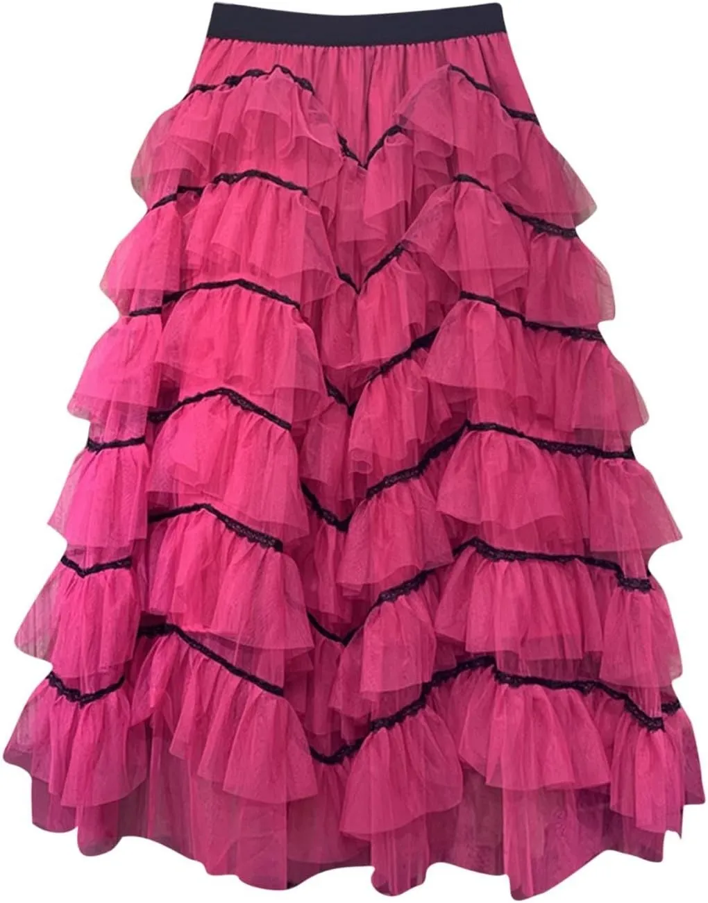 Womens Lolita Cake Skirts Layered Tulle Midi Skirt Elastic Waist Solid Color Mesh Prom Party Skirt