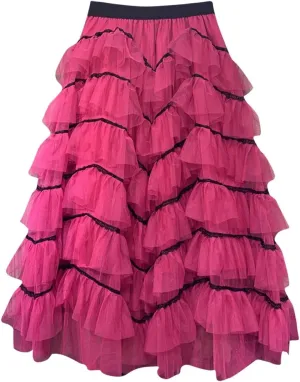Womens Lolita Cake Skirts Layered Tulle Midi Skirt Elastic Waist Solid Color Mesh Prom Party Skirt