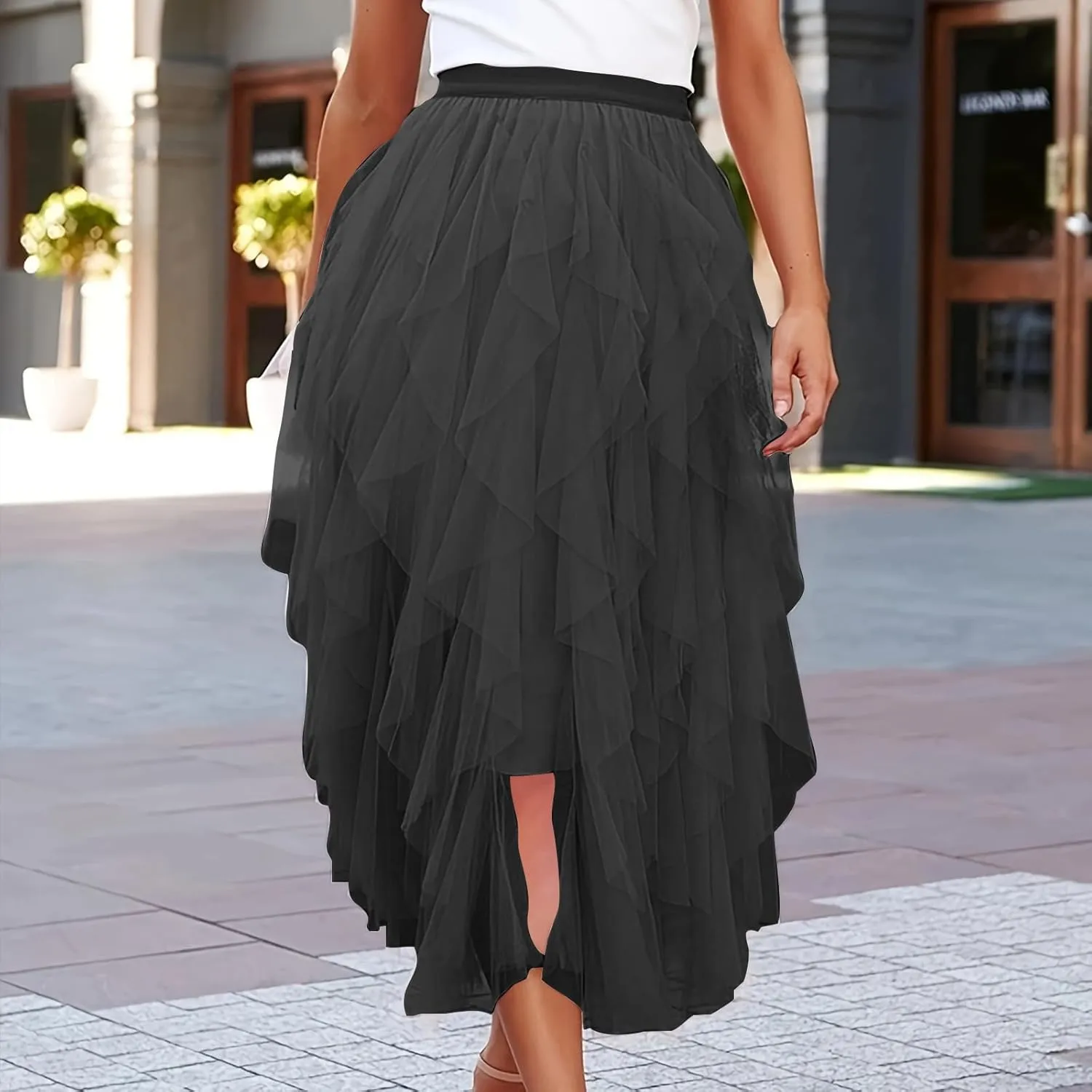 Women's Long A Line Tulle Tutu Skirts Tiered Skirt Petticoat Fairy Mesh Elastic Waist Midi Skirts Holiday Costume