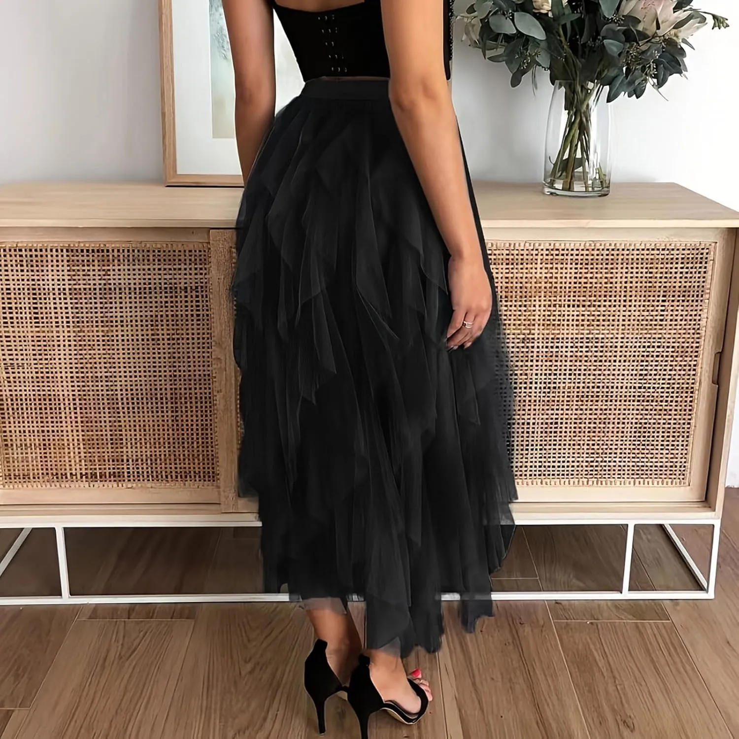 Women's Long A Line Tulle Tutu Skirts Tiered Skirt Petticoat Fairy Mesh Elastic Waist Midi Skirts Holiday Costume