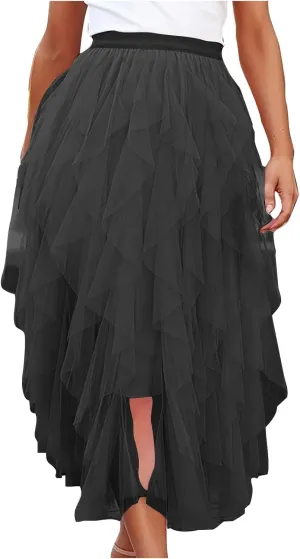 Women's Long A Line Tulle Tutu Skirts Tiered Skirt Petticoat Fairy Mesh Elastic Waist Midi Skirts Holiday Costume