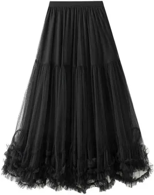 Women's Long Midi Chiffon Skirt A-line Pleated high Waisted Layered mesh 3D Skirt
