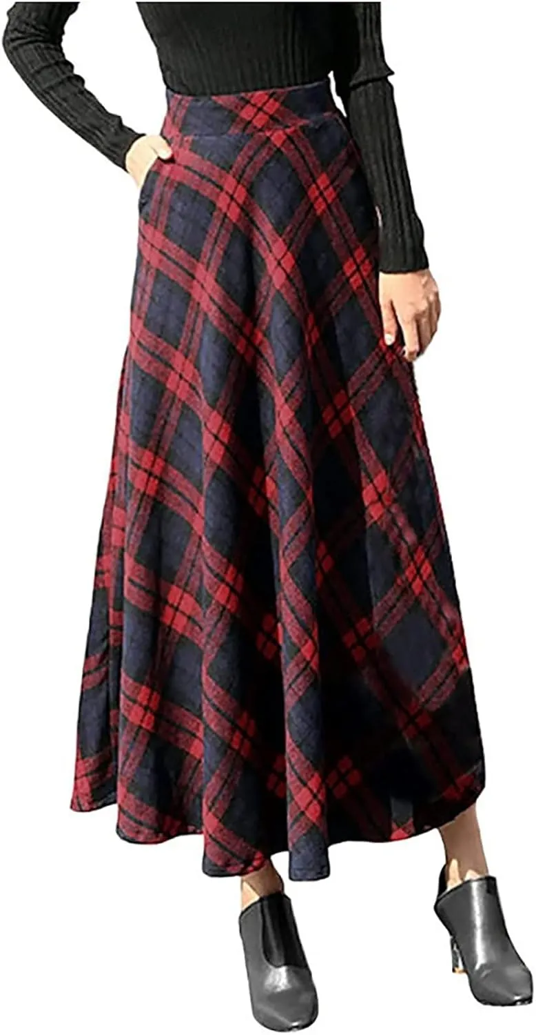 Women's Long Plaid Skirt High Waisted A-line Pleated Skirts Gothic Vintage Swing Dress 2025 Fashion Trendy Outfits