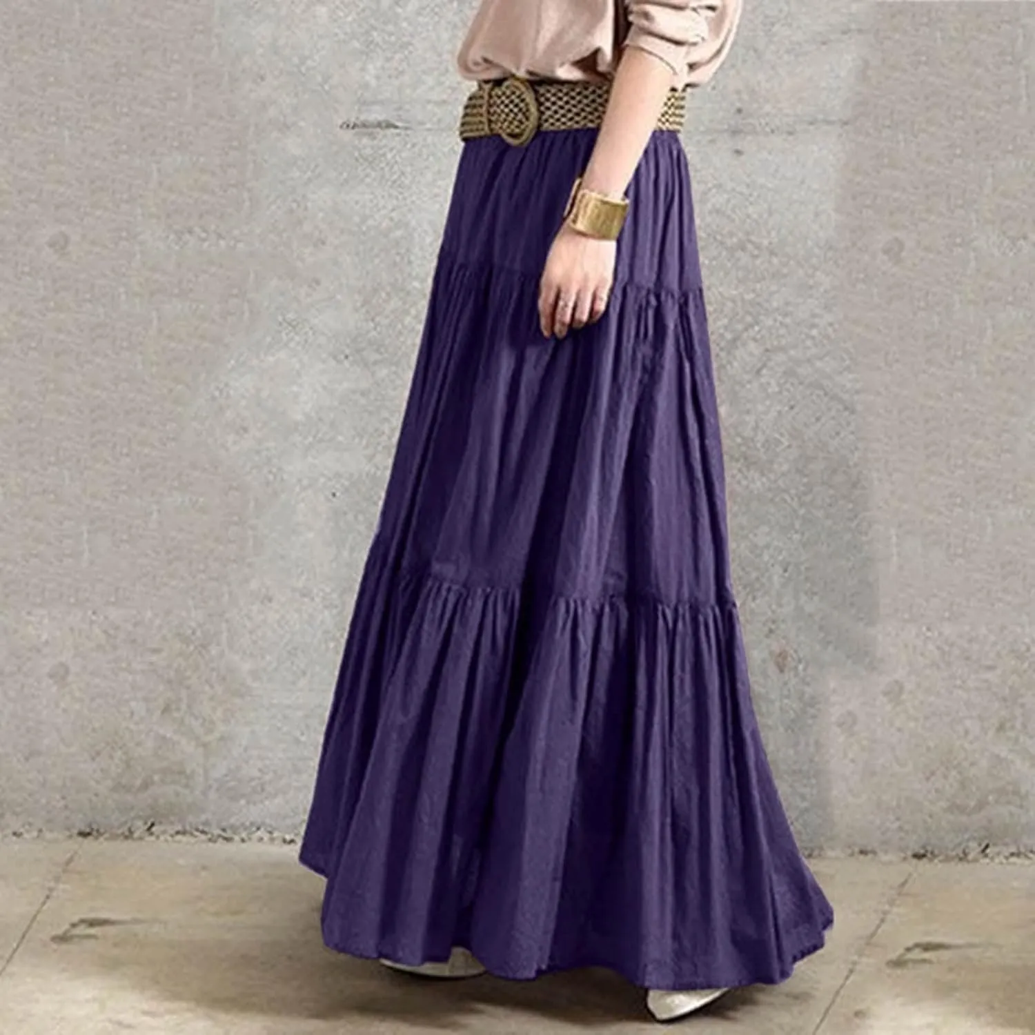 Women's Long Skirts Plus Size Maxi Ruffle Solid Tiered Flowy Beach Skirts,S-5XL