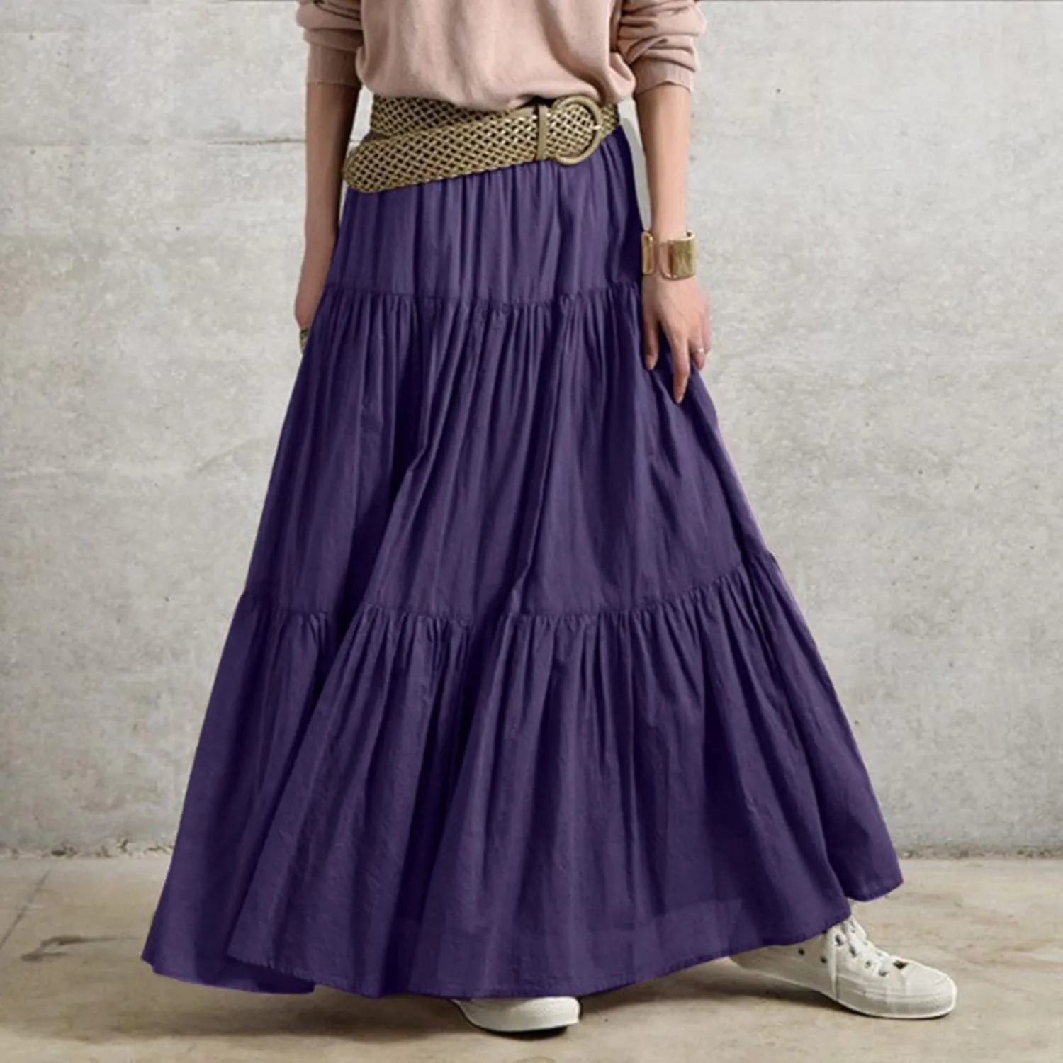 Women's Long Skirts Plus Size Maxi Ruffle Solid Tiered Flowy Beach Skirts,S-5XL