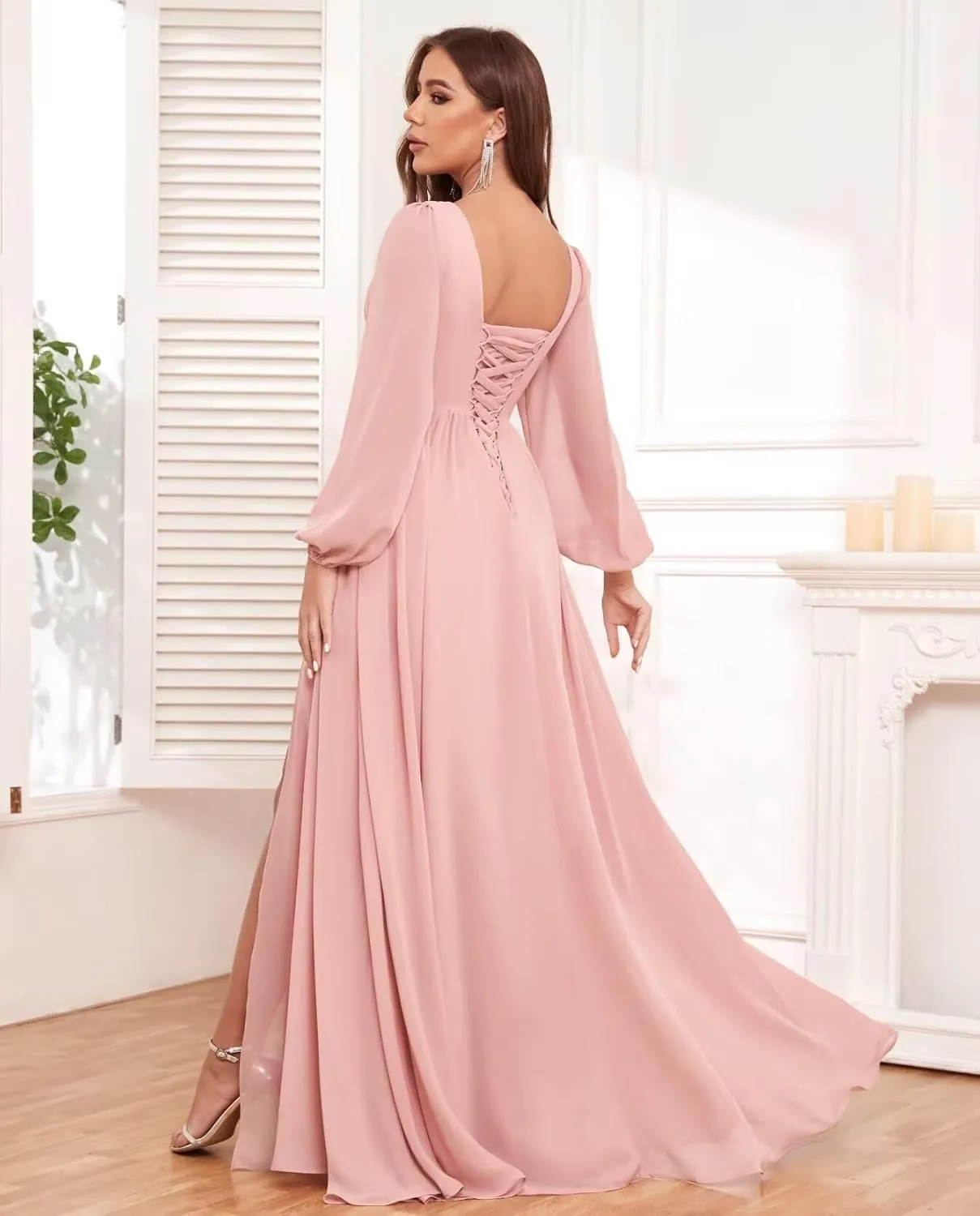 Women's Long Sleeve Bridesmaid Dresses for Wedding V Neck Ruffle Evening Formal Gown with Slit