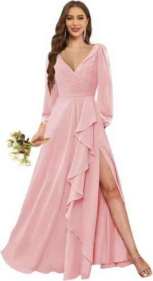 Women's Long Sleeve Bridesmaid Dresses for Wedding V Neck Ruffle Evening Formal Gown with Slit