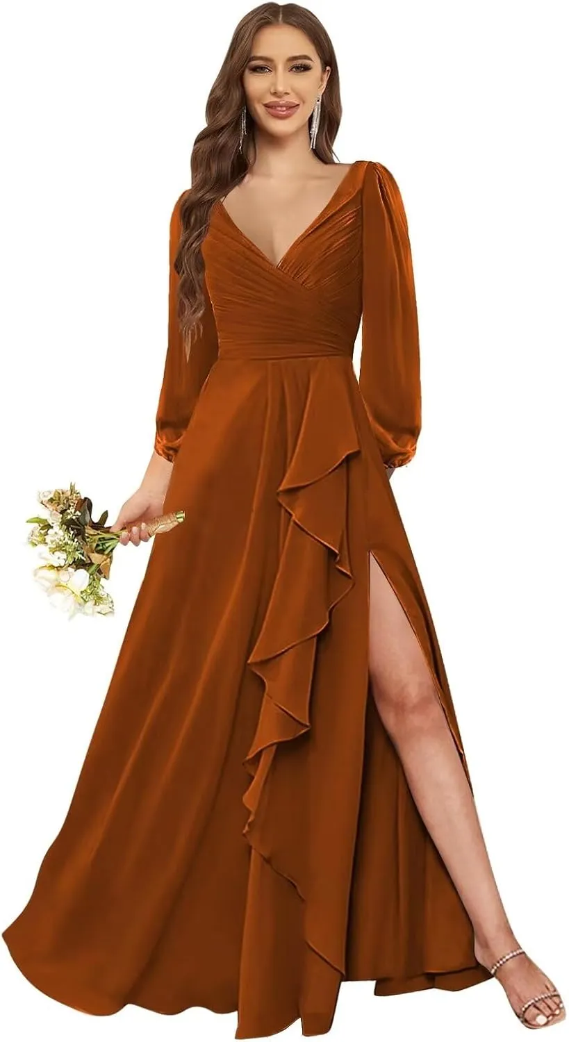 Women's Long Sleeve Bridesmaid Dresses for Wedding V Neck Ruffle Evening Formal Gown with Slit