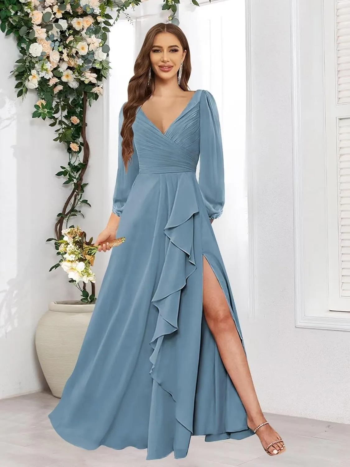 Women's Long Sleeve Bridesmaid Dresses for Wedding V Neck Ruffle Evening Formal Gown with Slit