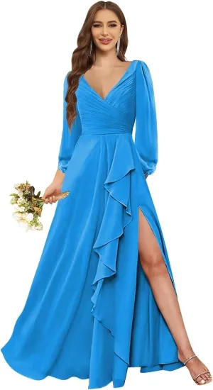 Women's Long Sleeve Bridesmaid Dresses for Wedding V Neck Ruffle Evening Formal Gown with Slit