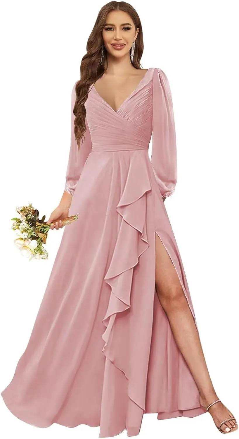 Women's Long Sleeve Bridesmaid Dresses for Wedding V Neck Ruffle Evening Formal Gown with Slit