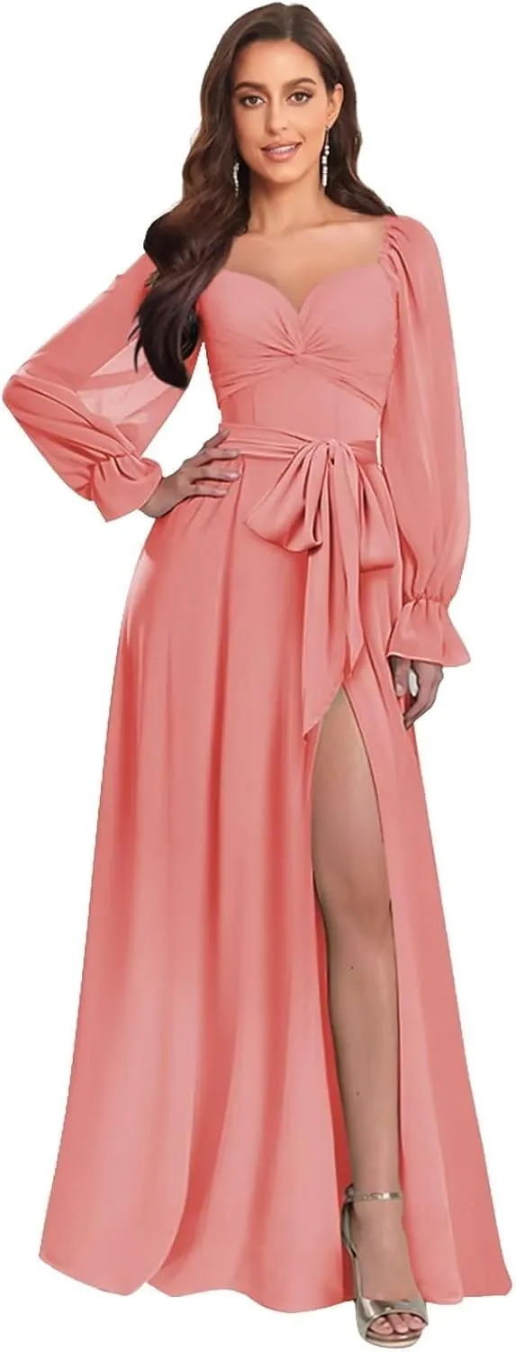 Women's Long Sleeve Chiffon Bridesmaid Dresses Off The Shoulder A Line Pleated Formal Evening Gown with Slit
