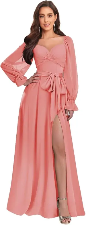 Women's Long Sleeve Chiffon Bridesmaid Dresses Off The Shoulder A Line Pleated Formal Evening Gown with Slit