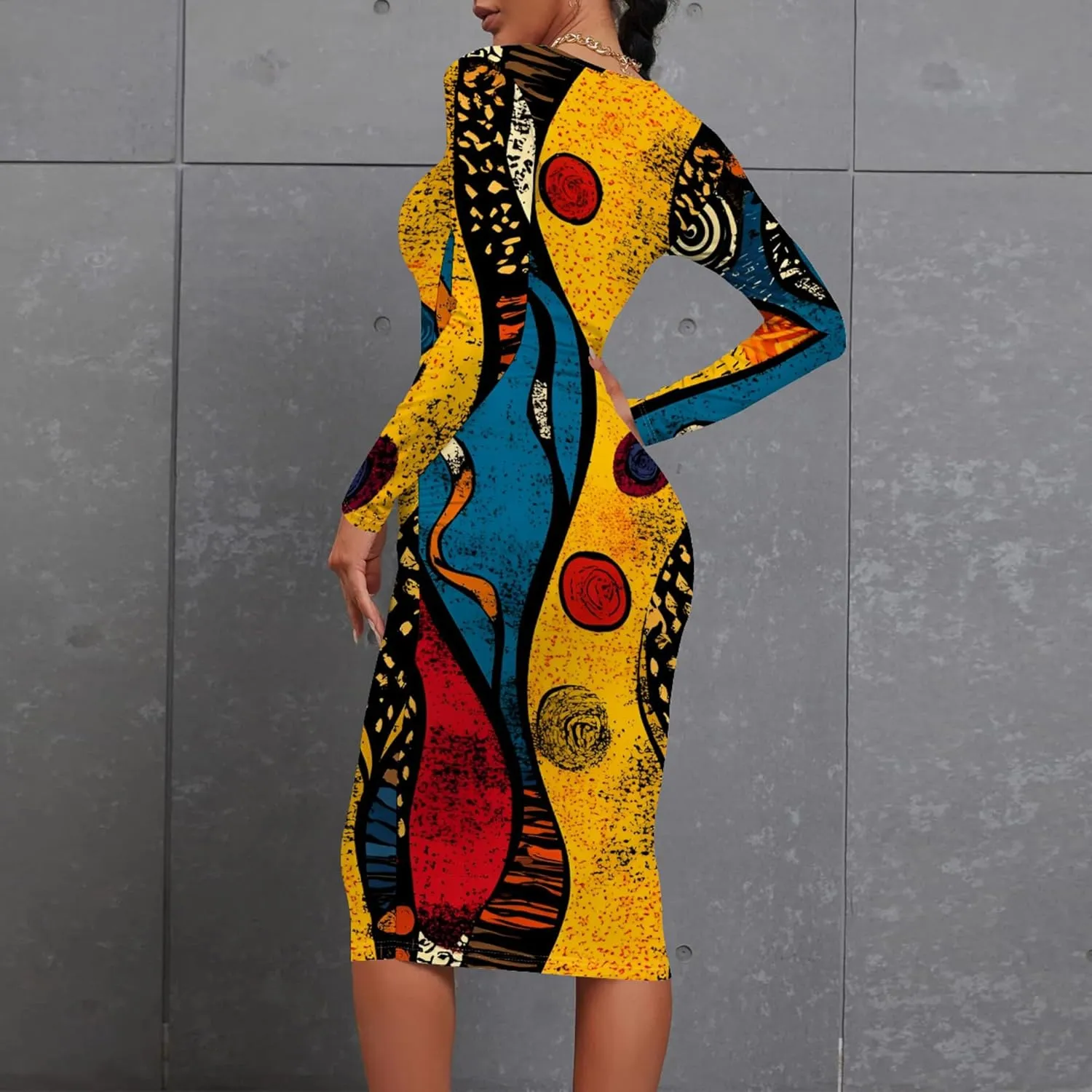 Women's Long Sleeve Sexy Bodycon Dress Club Curve Pencil Skirt Knee Length Basic African Style Party Dress