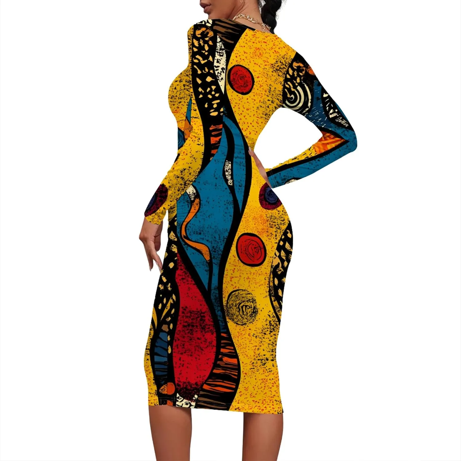 Women's Long Sleeve Sexy Bodycon Dress Club Curve Pencil Skirt Knee Length Basic African Style Party Dress