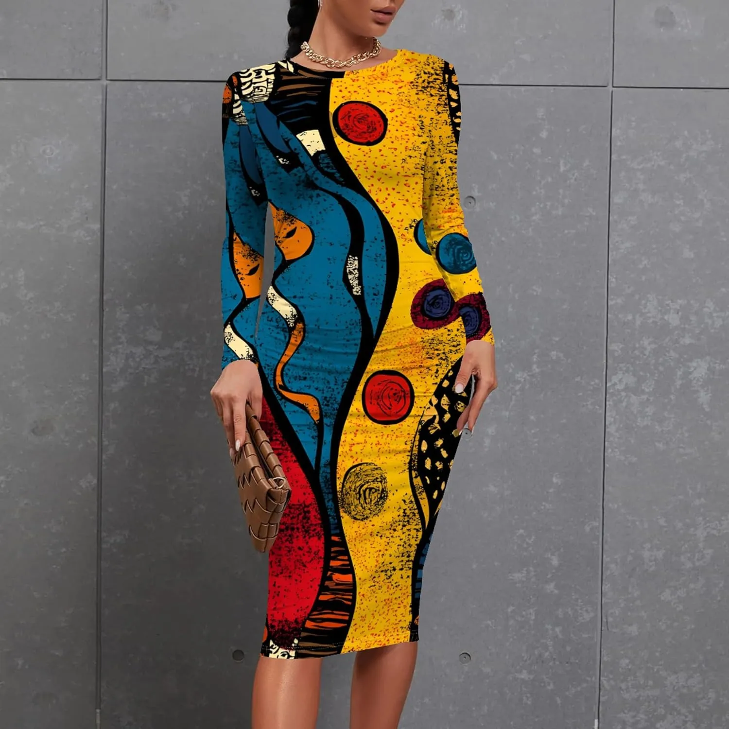 Women's Long Sleeve Sexy Bodycon Dress Club Curve Pencil Skirt Knee Length Basic African Style Party Dress