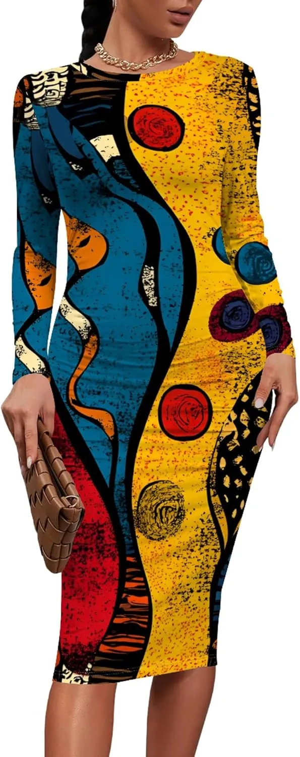 Women's Long Sleeve Sexy Bodycon Dress Club Curve Pencil Skirt Knee Length Basic African Style Party Dress