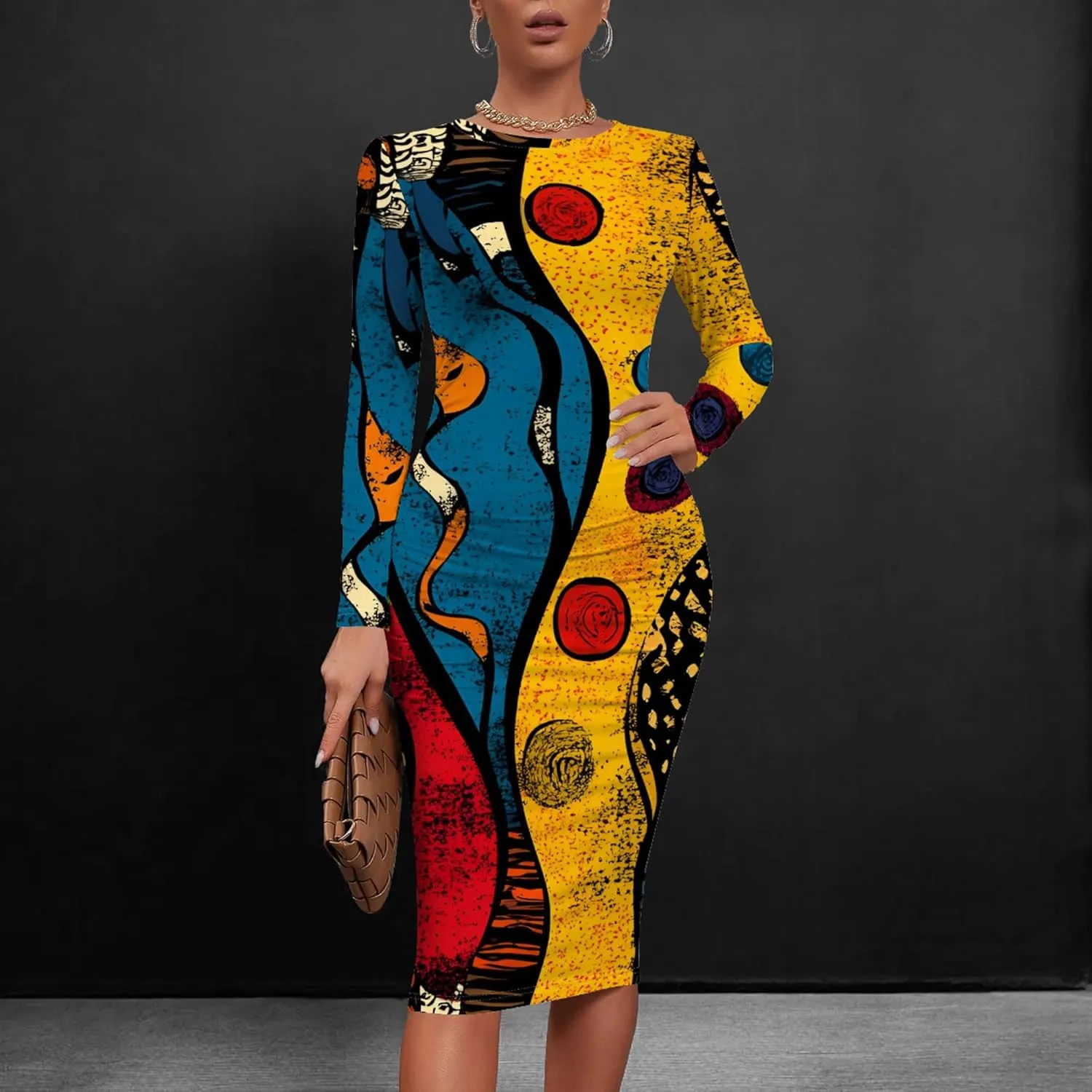 Women's Long Sleeve Sexy Bodycon Dress Club Curve Pencil Skirt Knee Length Basic African Style Party Dress