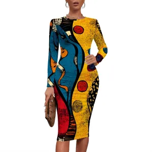 Women's Long Sleeve Sexy Bodycon Dress Club Curve Pencil Skirt Knee Length Basic African Style Party Dress