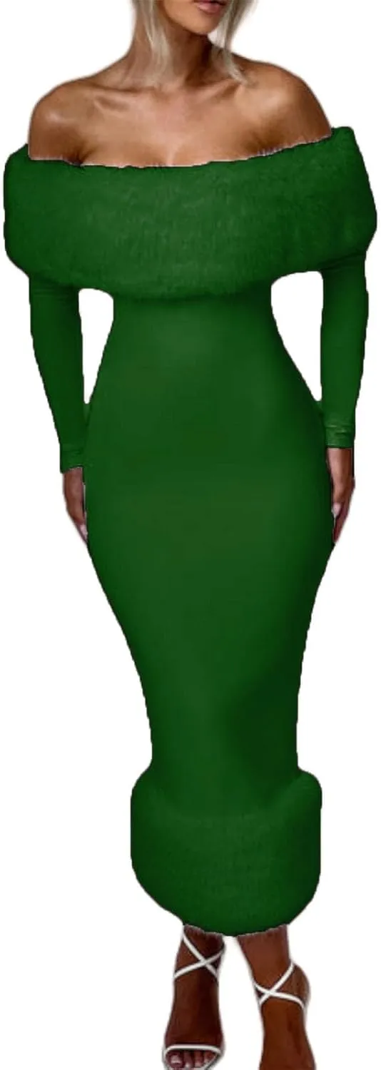 Womens Long Sleeve Wedding Dresses for Brides Off Shoulder Ruched Satin Faux Fur Midi Gowns