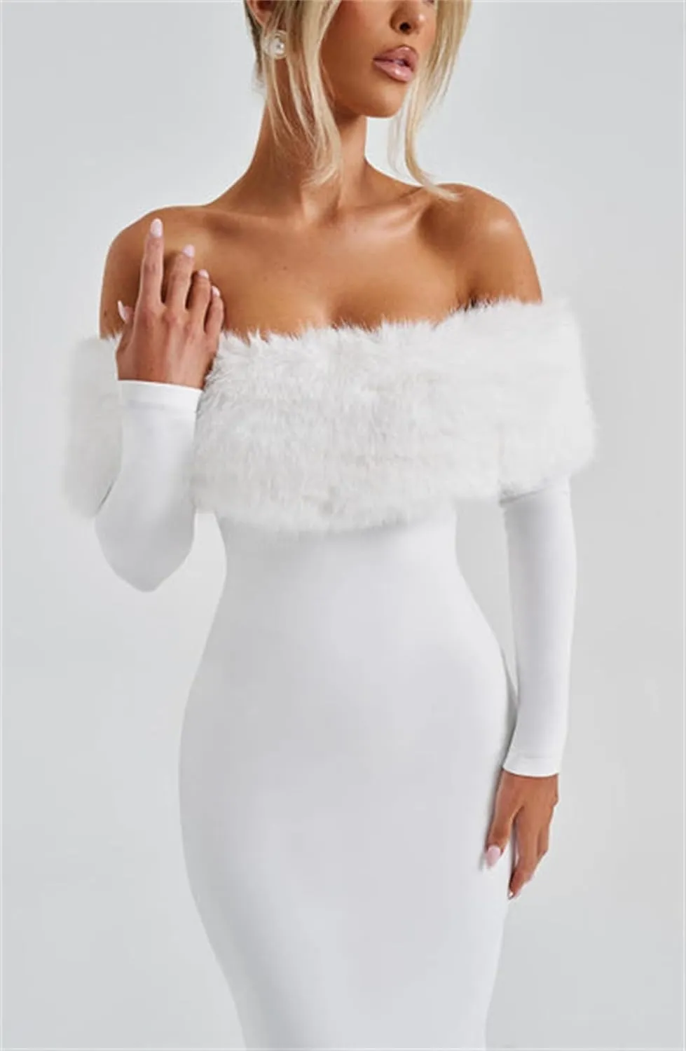 Womens Long Sleeve Wedding Dresses for Brides Off Shoulder Ruched Satin Faux Fur Midi Gowns