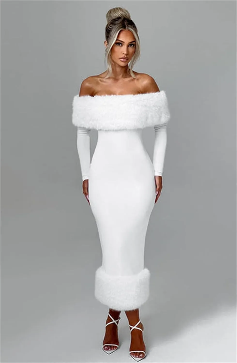 Womens Long Sleeve Wedding Dresses for Brides Off Shoulder Ruched Satin Faux Fur Midi Gowns