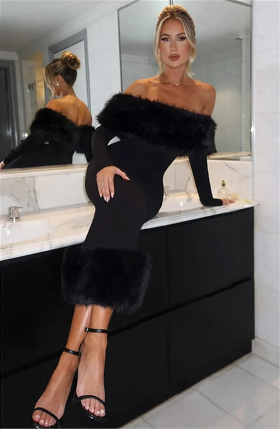 Womens Long Sleeve Wedding Dresses for Brides Off Shoulder Ruched Satin Faux Fur Midi Gowns
