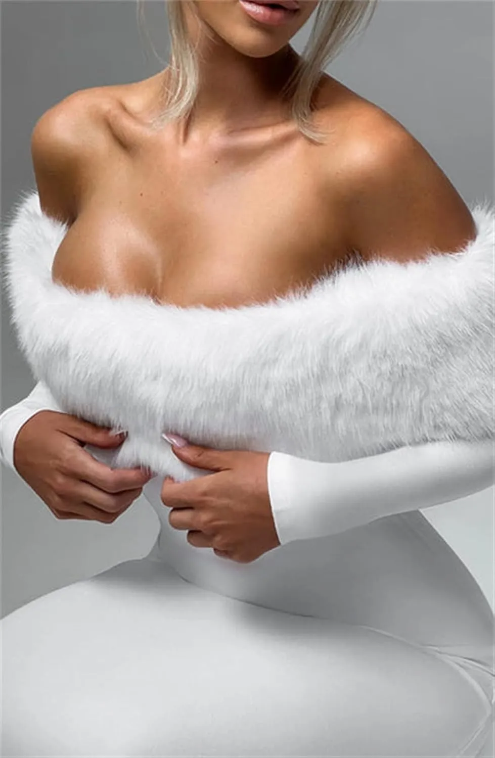 Womens Long Sleeve Wedding Dresses for Brides Off Shoulder Ruched Satin Faux Fur Midi Gowns
