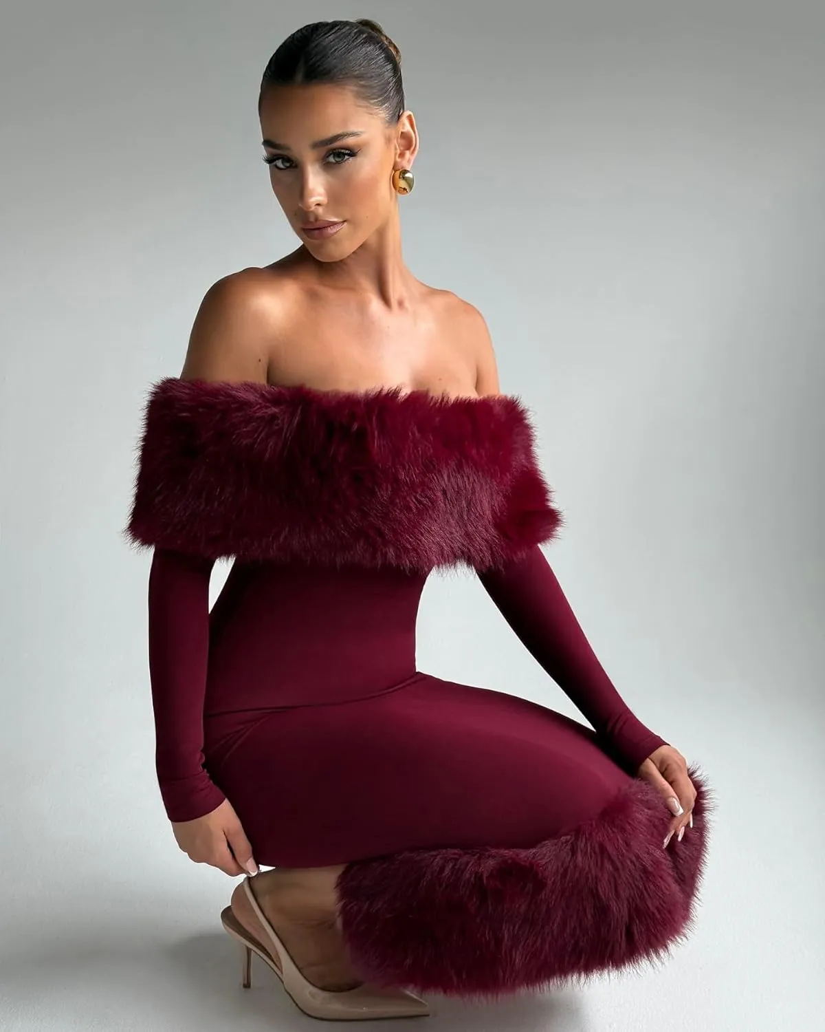Womens Long Sleeve Wedding Dresses for Brides Off Shoulder Ruched Satin Faux Fur Midi Gowns