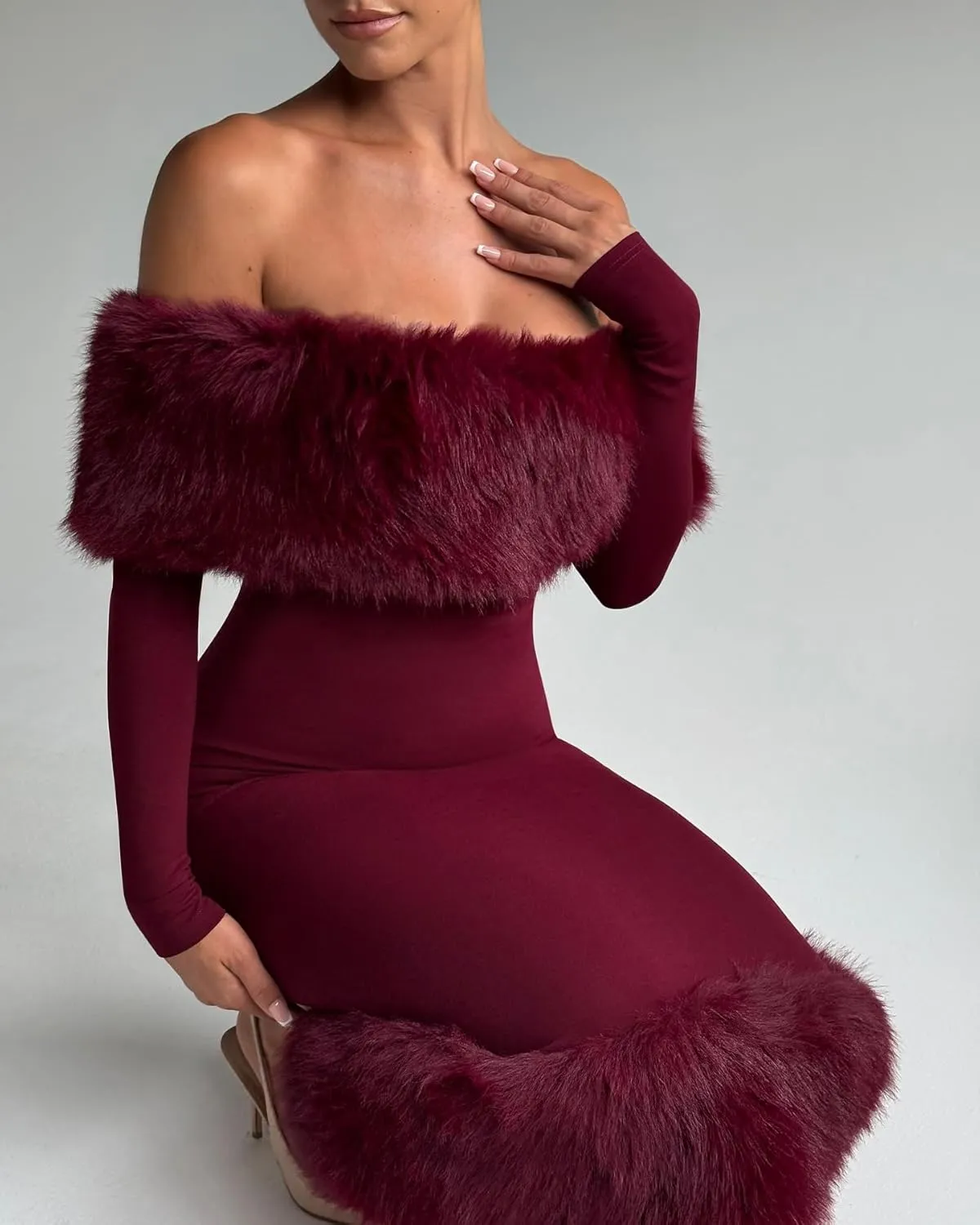 Womens Long Sleeve Wedding Dresses for Brides Off Shoulder Ruched Satin Faux Fur Midi Gowns