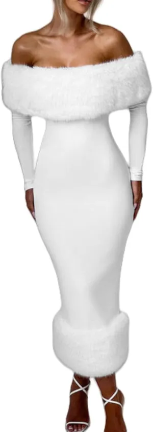 Womens Long Sleeve Wedding Dresses for Brides Off Shoulder Ruched Satin Faux Fur Midi Gowns
