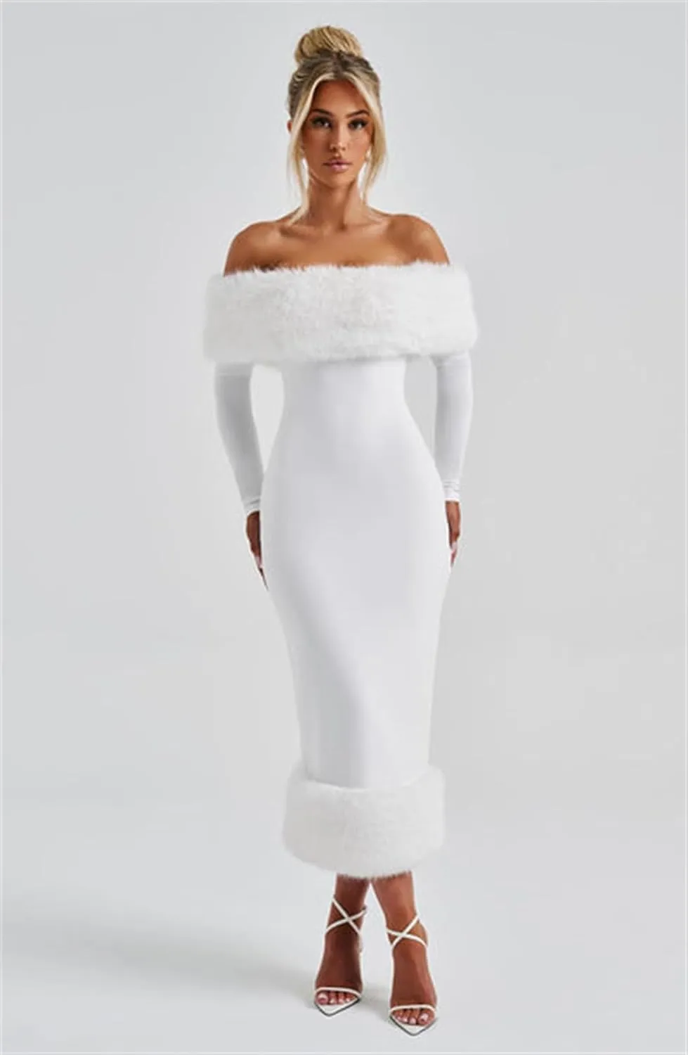 Womens Long Sleeve Wedding Dresses for Brides Off Shoulder Ruched Satin Faux Fur Midi Gowns
