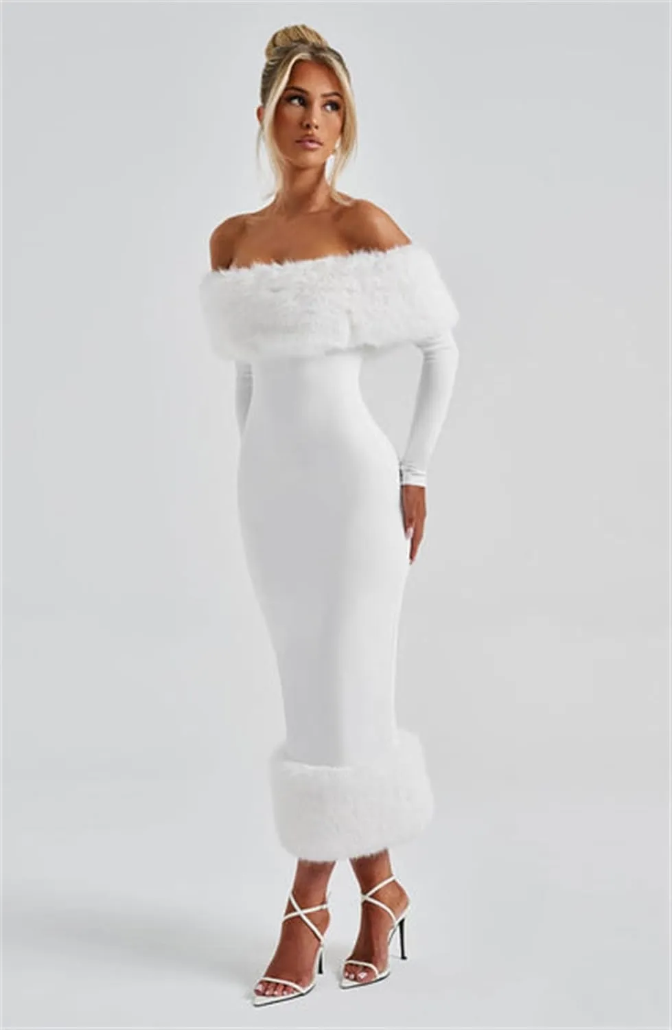 Womens Long Sleeve Wedding Dresses for Brides Off Shoulder Ruched Satin Faux Fur Midi Gowns