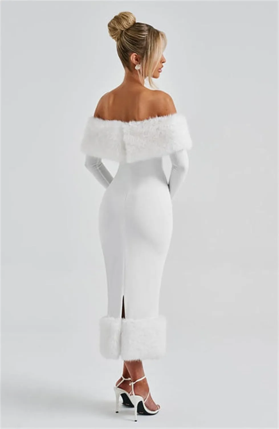Womens Long Sleeve Wedding Dresses for Brides Off Shoulder Ruched Satin Faux Fur Midi Gowns