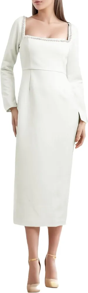 Women's Long Sleeve Wedding Dresses for Brides Square Neck Bridal Gowns Satin Midi Pearl Dress