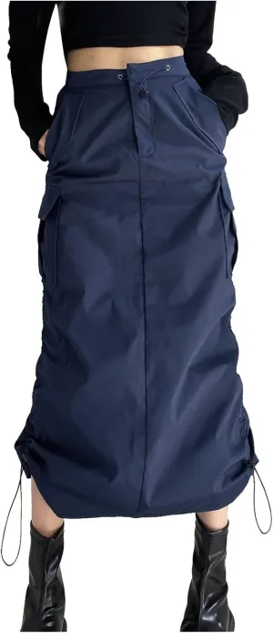 Women's Loose Casual Quick Drying Pleated Drawcord Work Suit Split Skirt High Split Skirt Pleated Midi Skirt (A-Navy, L)