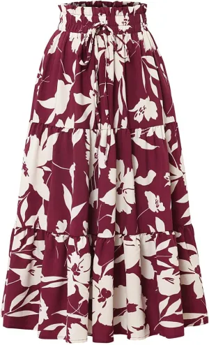 Womens Maxi Skirt Floral Boho Elastic High Waist Drawstring Pleated Beach Skirt A-Line Flowy Tiered Long Skirts