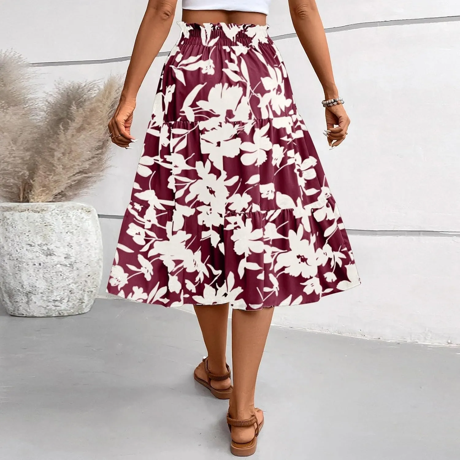 Womens Maxi Skirt Floral Boho Elastic High Waist Drawstring Pleated Beach Skirt A-Line Flowy Tiered Long Skirts